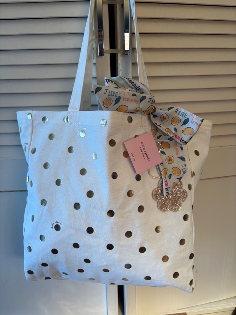 kate spade White Tote with Gold Polka Dots and Charm Scarf - Picture 5 of 5